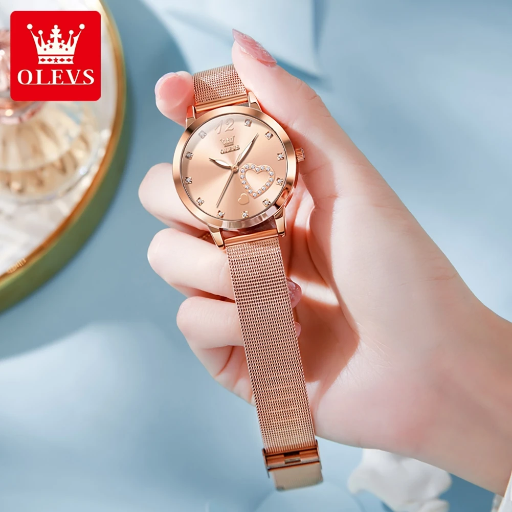 OLEVS New Luxury Women Watches Ladies Fashion Quartz Watch For Women Rose Gold Mesh Belt Casual Female Reloj Mujer