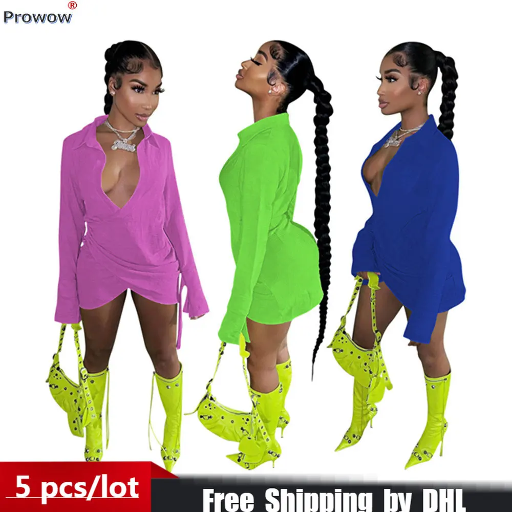 

5PCS Wholesale Bulk Dresses Women Sexy Deep V Lady Gown Elegant Cross Shirtdress 2023 Fall Long Flare Sleeve Female Vestido 8350