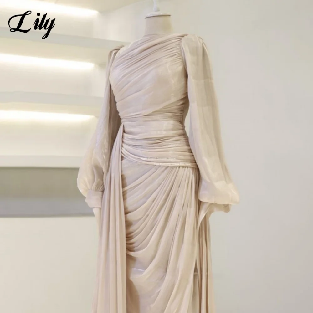 Women Prom Dresses Lily Modest Silk Satin Evening Dress O-Neck Moroccan Kaftan Long Sleeves Prom Dress Pleating Mermaid Ball Gown Dubai Customized