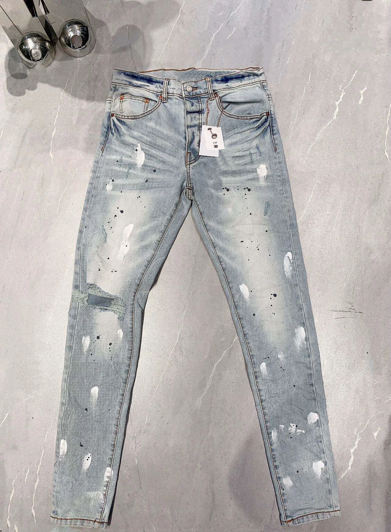 

Men's Light Blue Jeans Handmade Paint Broke Hole Slim Casual Pants Man Jeans Fashion Brand