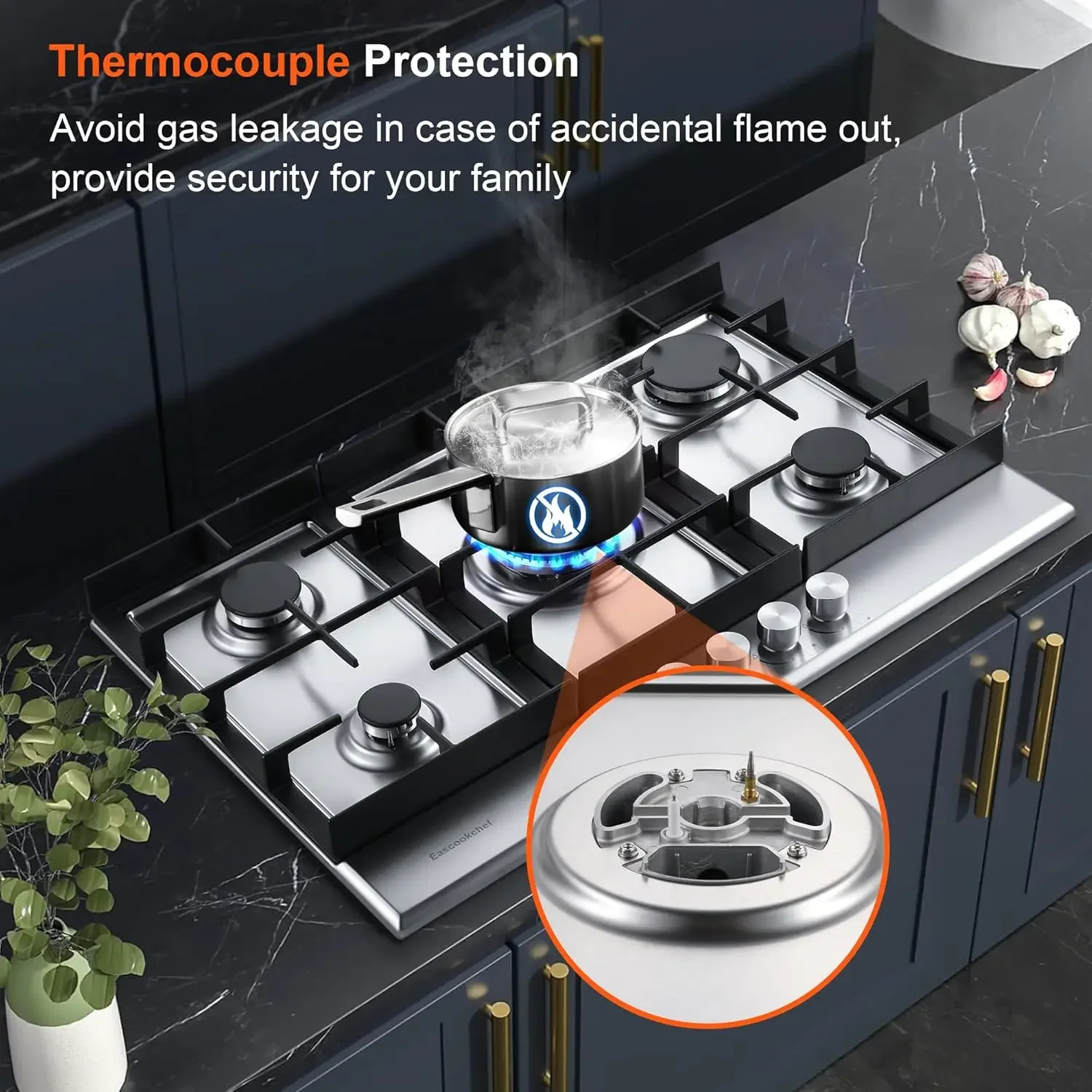 Gas Stove Top with 5 High Efficiency Burners, Bulit-in Stainless Steel Gas Hob for Kitchen, NG/LPG Convertible Gas Stovetop, The 4