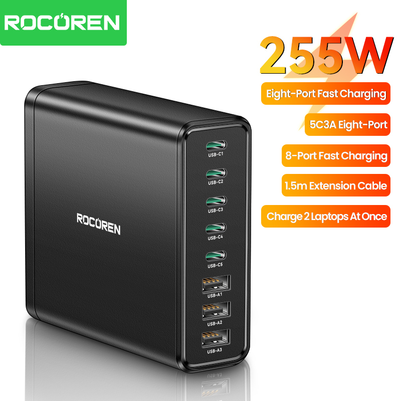 Rocoren GaN 255W 8 Port Type C Desktop Charger QC4.0 PD Fast Charging USB C Power Station For iPhone16 15 Pro Max Samsung Xiaomi