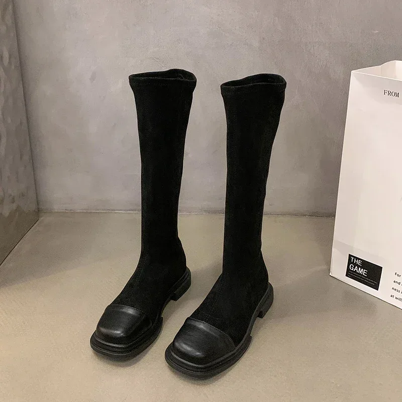 2023 NEW Sllip on Women Elastic High Boots Fashion Square Toe Long Booties Ladies Elegant Low Heel Shoes Winter Women's Footwear
