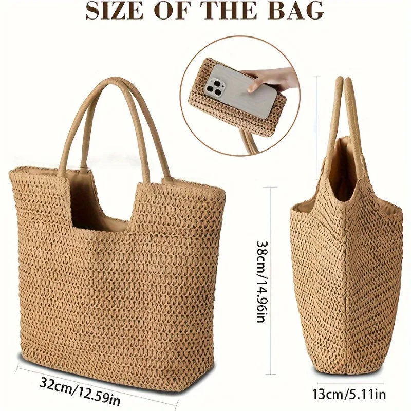 1pc Women's Handwoven Straw Beach Tote Bag, Summer Sisal Woven Shoulder Handbag, Large Vacation Carryall