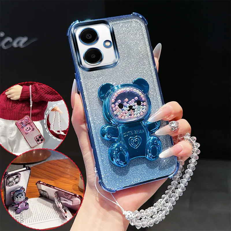 Shockproof Transparent Phone Case with 3D Bear Stand and Glitter Chain Lanyard