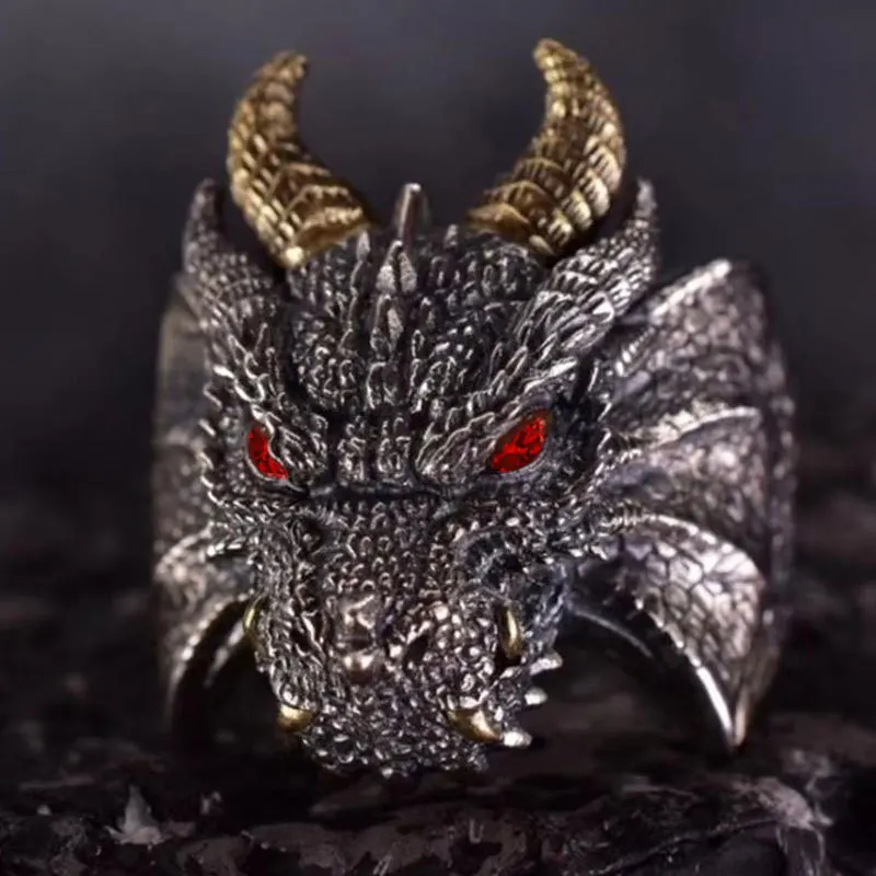 New Style Silver Color Dragon Rings For Men Red Zircone Eyes Vintage Punk Rock Mens Fine Jewelry Sense Of Design Jewelry Gifts