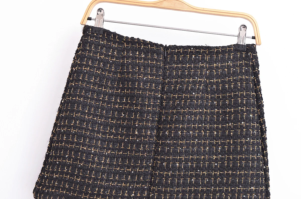 French Retro Women Black Weave Gold Line Tweed Blazer High Waist Center Buttons Back Zipper Mini Skirt Set Suits 2 pieces 1 set