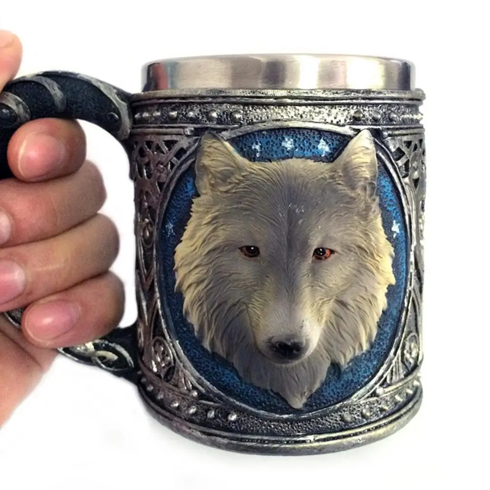 

450ml Mugs 3D Wolf Head Stainless Steel Beer Cup Resin Juice Milk Water Cups Home Office Coffee Bottle Valentine Christmas Gift