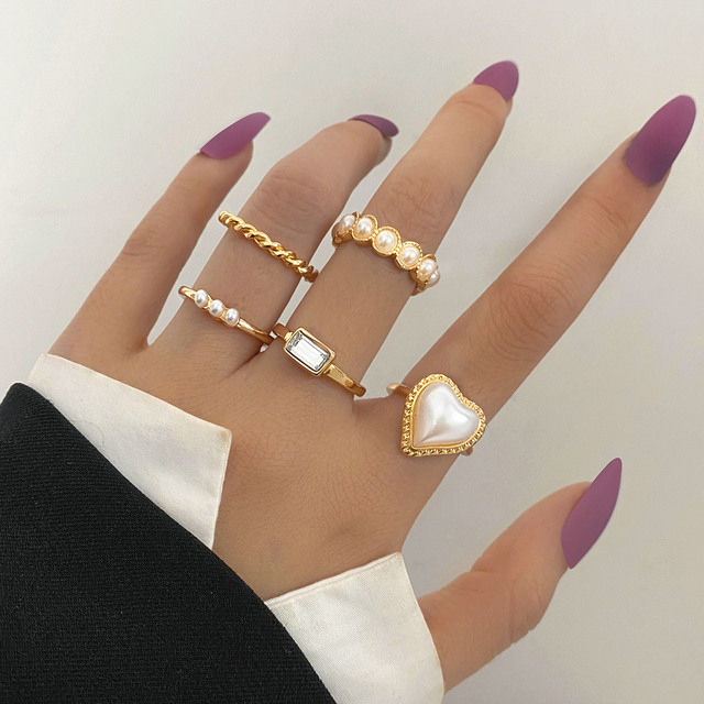Bohemian Pearl Heart Butterfly Rings Set for Women Girls Simple Chain Finger Tail Rings NEW Bijoux Jewelry Gifts Ring Female