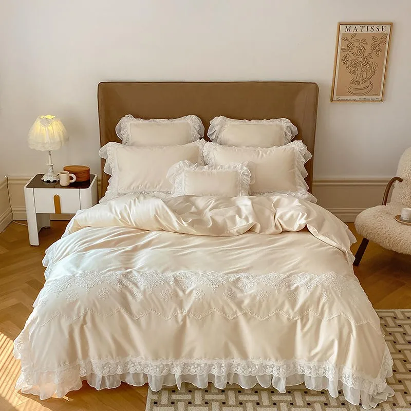 Romantic Vintage Beige Princess Lace Duvet Cover 1000tc Egyptian Cotton Bedding Set Double Queen