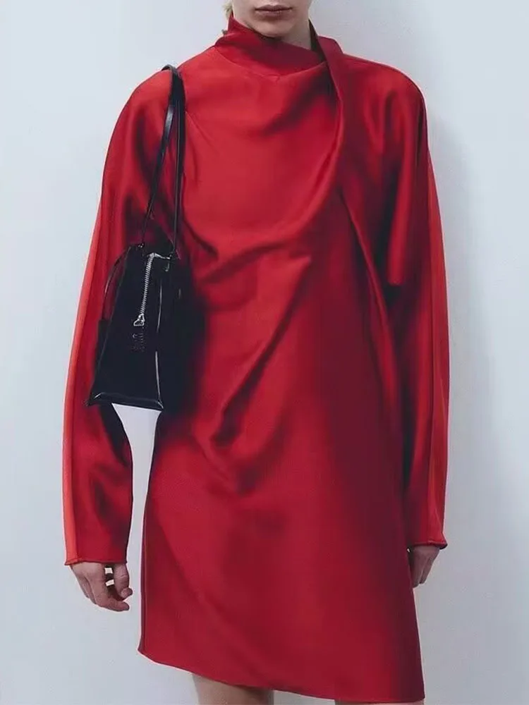 

TRAF Solid Women Pleated Mini Dress 2023 Fashion Half High Collar Long Sleeves Pary Dress Office Ladies Folds Dress 3 Colors