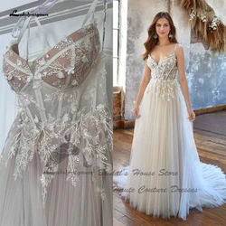 Civil Champagne Boho Beach Wedding Dresses 2024 Vestidos Sexy Women Long Floral Lace Bride Gowns Spaghetti Straps