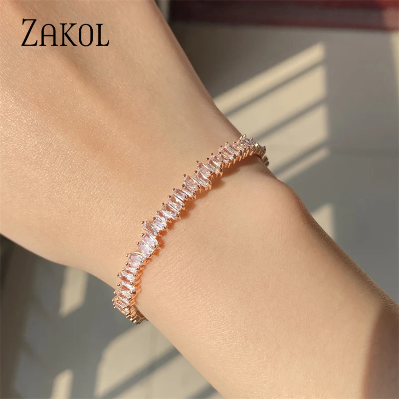 ZAKOL Fashion T Cubic Zirconia Cuff Bangles for Women Trendy Baguette Men Open Bracelet Bangle Geometry Girl Party Jewelry bangle bracelet zircon bracelet zirconia bangle