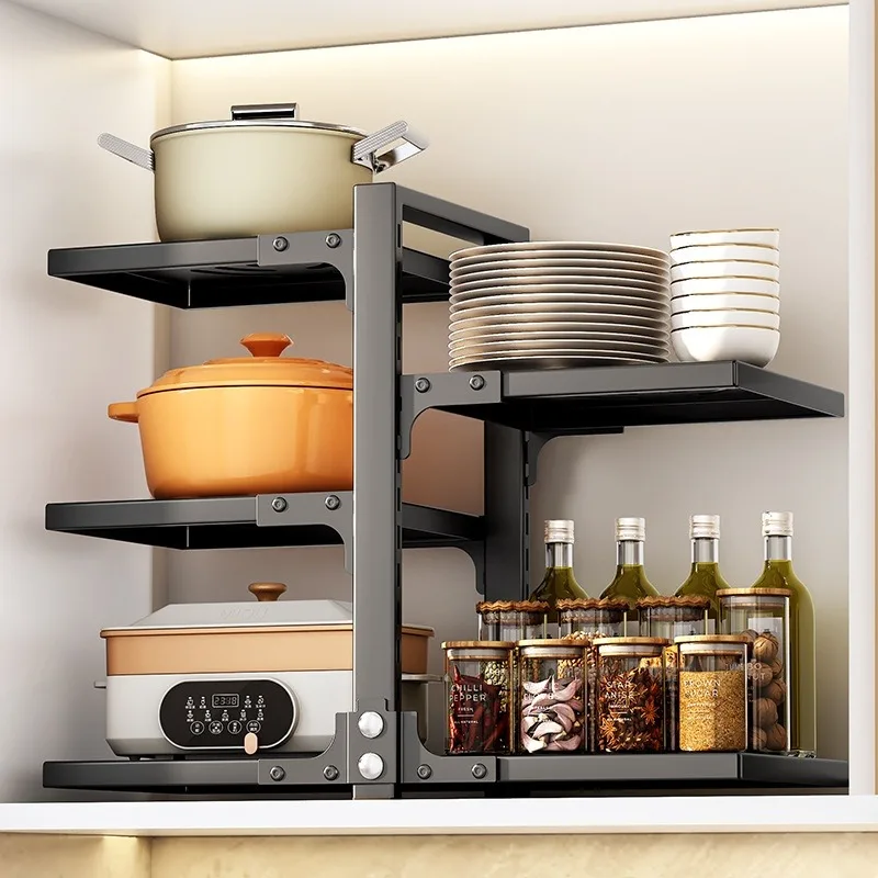 Double Sided Pot Multi-Tier Adjustable Under Cabinet Kitchen Organizer Heavy Duty Pot Shelf for Cookware Storage Space Saving kitchen storage rack,kitchen organizer,kitchen organizer rack