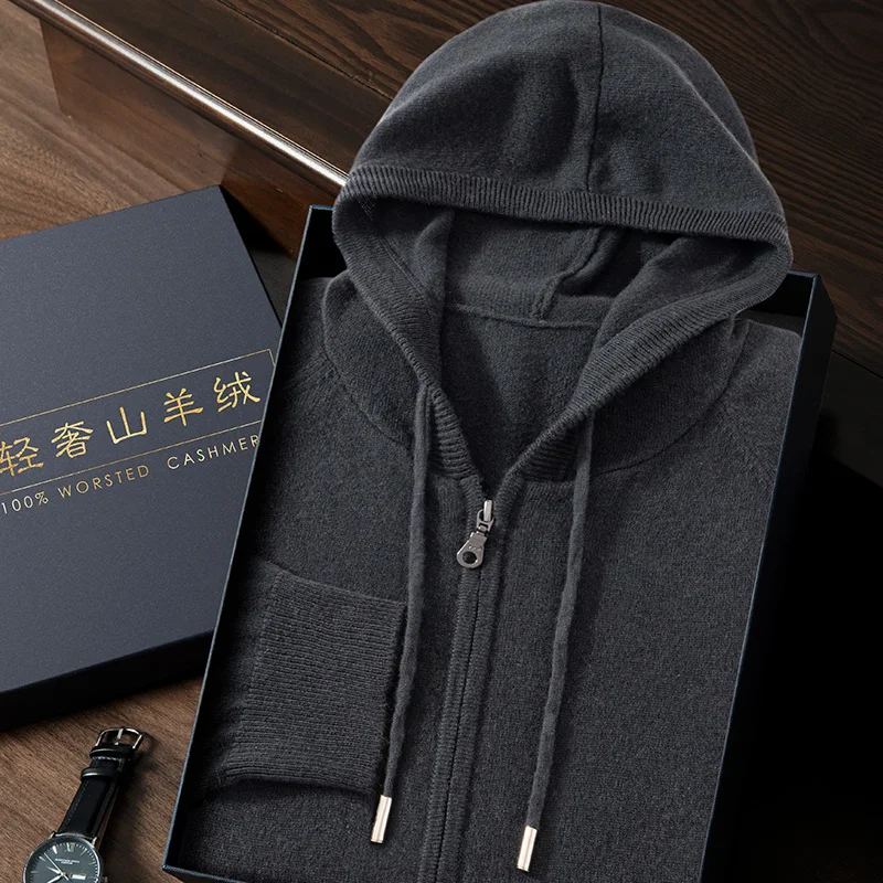 New product: 100% cashmere knitted cardigan for men, hooded sweater, casual high-end jacket, men's long sleeved cashmere sweater 3