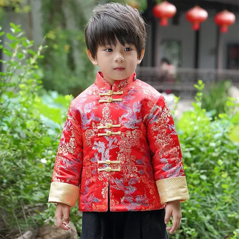 

Chinese Traditional Clothing for Kids New Year Baby Boy Festival Retro Fancy Golden Dragon Tang Suit Printed Satin Top Pants Set