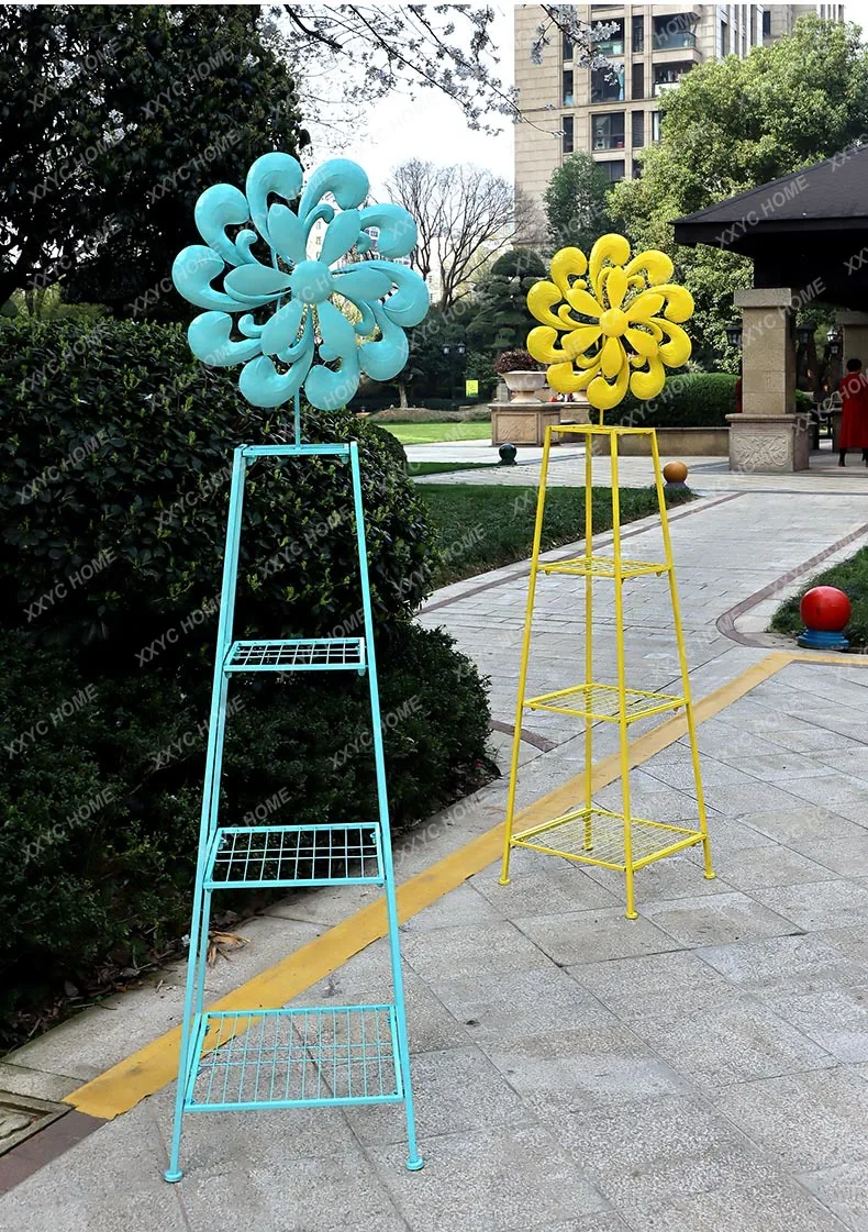 

Outdoor Wrought Iron Windmill Rotating Flower Rack Garden Courtyard Storage Rack Decorative Iron Rack