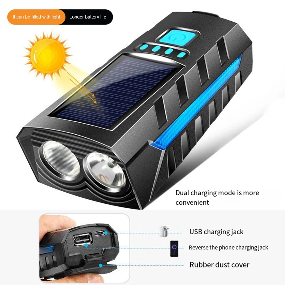 Solar Power Bike Front Light with 130db Horn LED Bicycle Light USB Rechargeable Bicycle Flashlight Bicycle Accessories_voghion.com