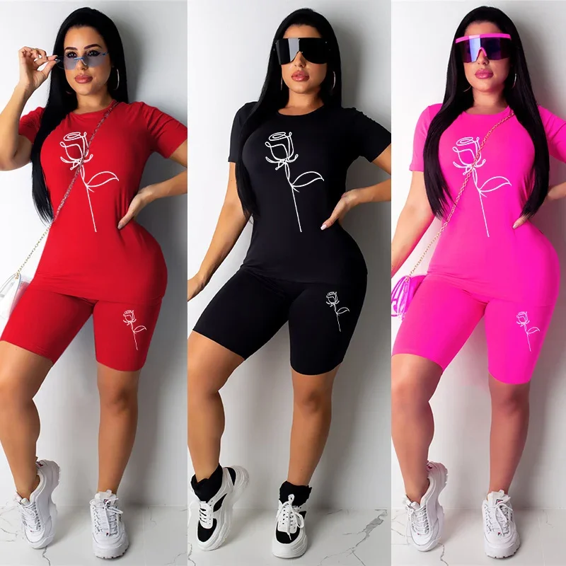 Summer Women's Rose Print Outfits Short Sleeve O-Neck T-Shirt + Shorts 2 Piece Set Female Slim Fit Casual Shorts Suit Sportswear