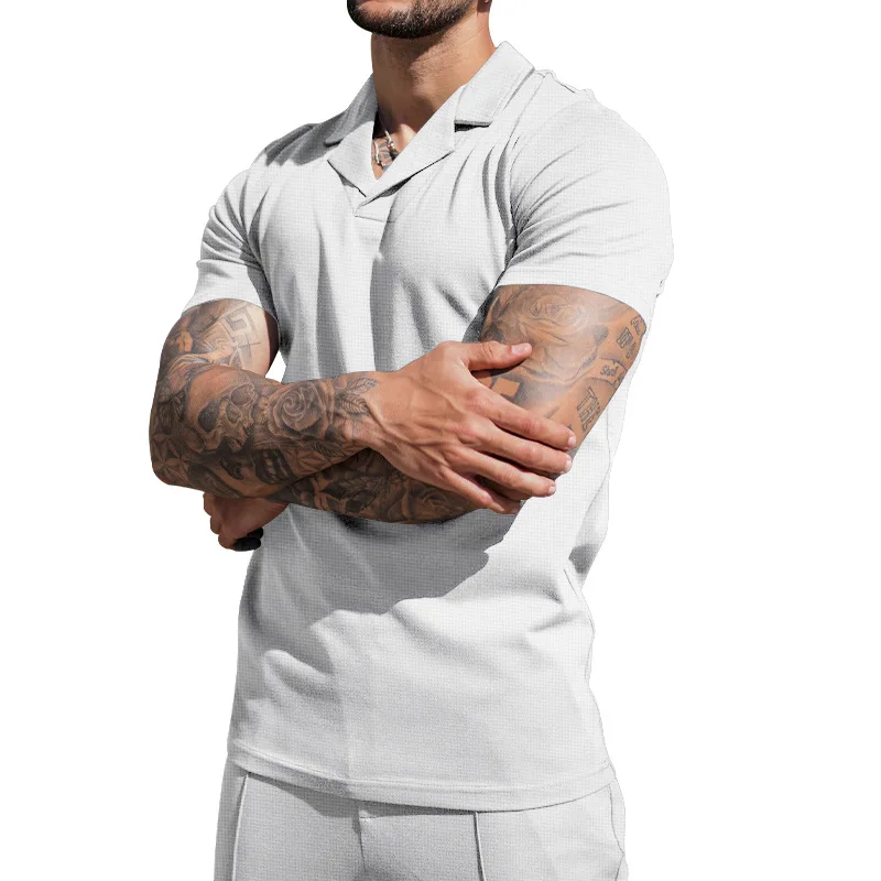 

New summer Waffle V-neck polo shirt lapel cool short-sleeved men's suit Casual short-sleeved T-shirt training suit two sets