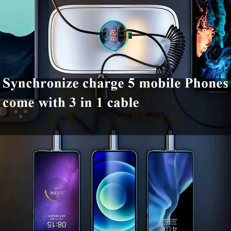 Car Usb Charger with Cable 3 in 1 2 Port 150W Quick Charge with LCD for iPhone 13 Pro max 12 11 Mini Samsung Xiaomi Mobile Phone