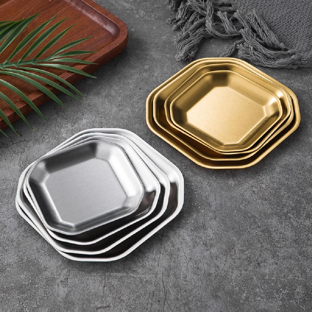 Korean Tableware Square Dessert Pastry Plate Stainless Steel Serving Plate Cake Snack Kimchi Sauce Dipping Tray Kitchen Utensils