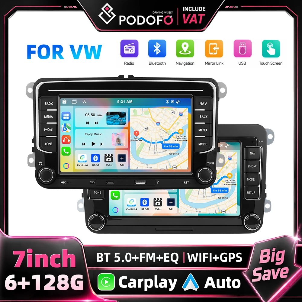 Radio Multimedia para Auto Podofo de 7 Pulgadas y 2 Din, 6+128G, para Seat Altea/Toledo/Leon, VW Golf/Passta/Jatta/Bora/Scirocco, Skoda Fabia/Yeti/Roomster/Praktic, Sistema de Audio para Auto, Carplay Inalámbrico, Android Auto, Mirror Link, Radio Estéreo para Auto, WiFi, GPS 1