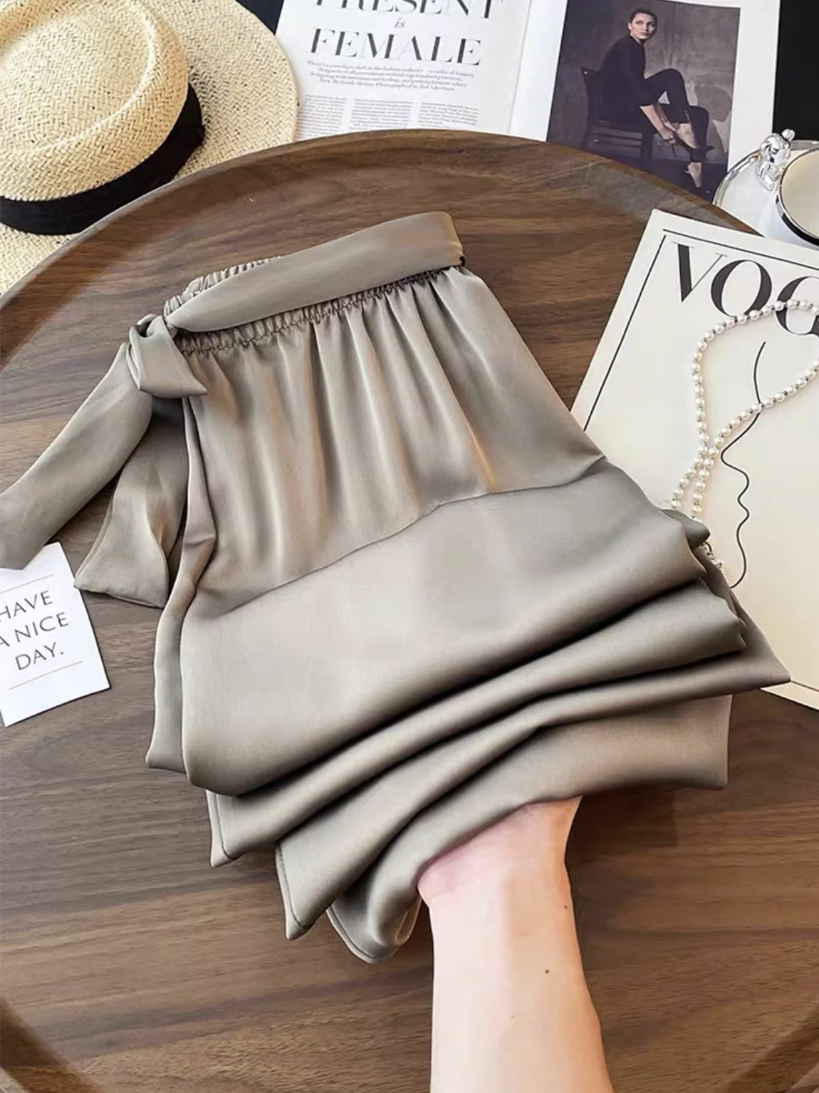 High Waist Ice Silk Acetate Wide Leg Pants for Women Summer Loose Silk Satin long maxi Trousers Spring lace up plus size pants 2