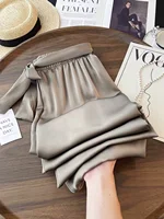 High Waist Ice Silk Acetate Wide Leg Pants for Women Summer Loose Silk Satin long maxi Trousers Spring lace up plus size pants 2