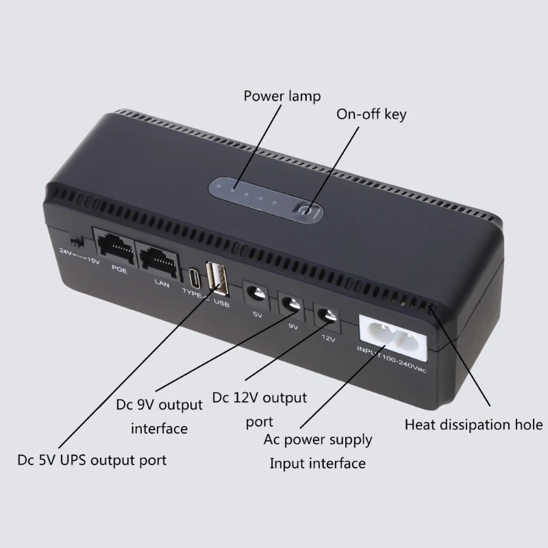 스탠바이 UPS 시스템, DC5V 9V 12V, 8 콘센트, USB C타입 충전 포트, 컴팩트 블랙 무정전 전원 공급 장치