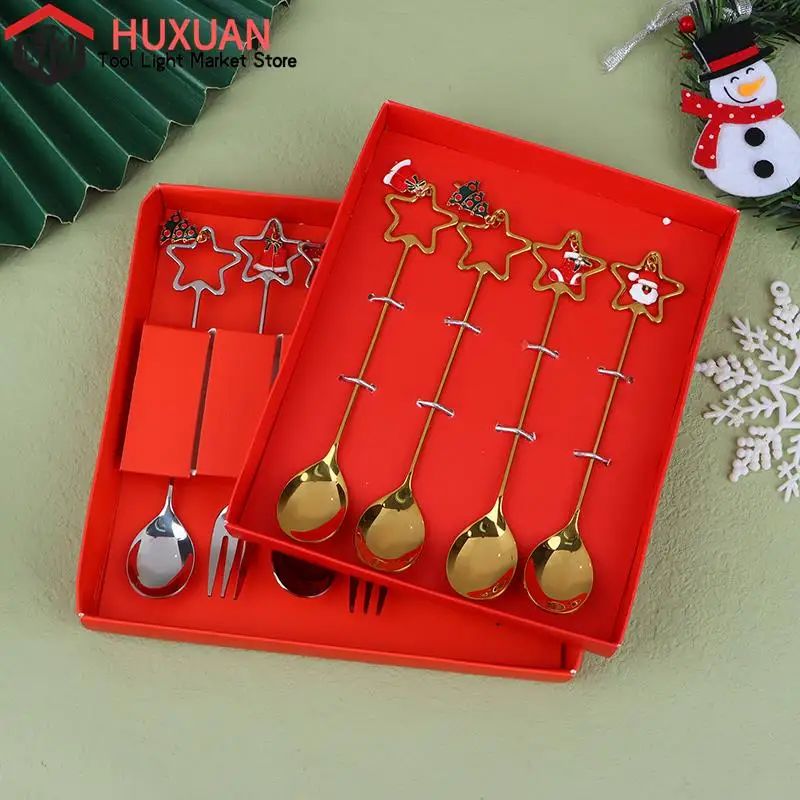 

4/6Pcs Christmas Spoon Fork Set Elk Christma Tree Tableware Stainless Steel Coffee Spoon Tea Spoon Dessert Scoop Xmas Decor Gift