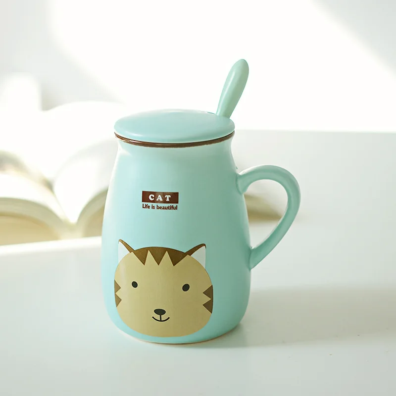 Cute Cartoon Kids Mugs Lids Spoon Ceramic Water Milk Coffee Tea Mug Cup  Animal Mugs