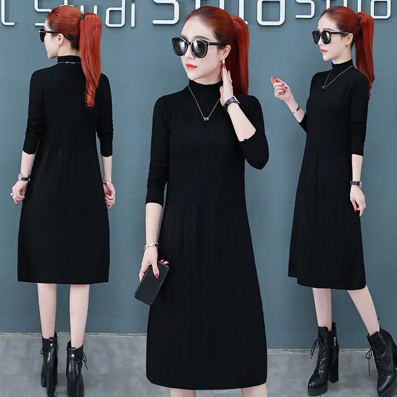 

Knit Dress 2023 Women Elegant Mock Neck Winter Long Sleeve Loose Sweater Dress Fashion Female Solid Color Warm Sweater V16