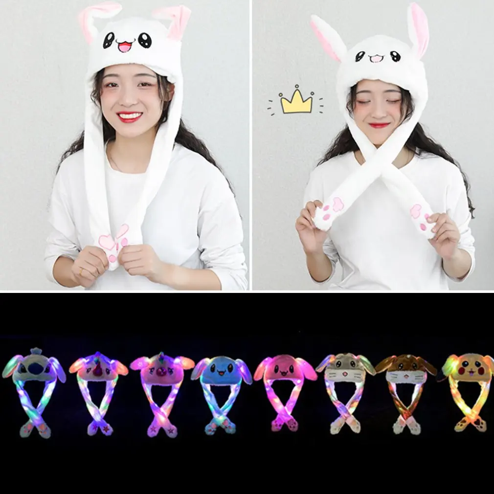 Kawaii Plush LED Glowing Rabbit Ears Hat Lovely Luminous Kids Adult Plush Hand Pinch Cap Moving Ears Hat With Earflap Gifts 1pcs fluorescent hat,neon hat