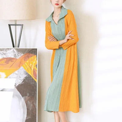 

HOT SELLING Miyake fold dress of patchwork turndown collar long sleeve A-Line dress IN STOCK