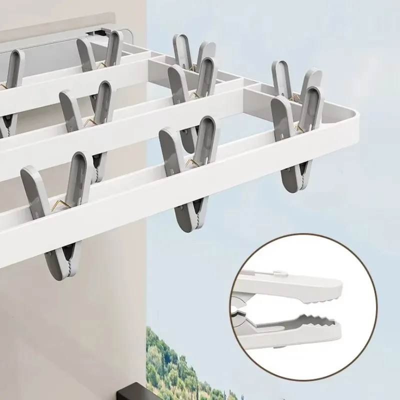 Folding Drying Rack Wall Mounted Clothes Hanger Drying Clip Windproof Sock Clip Multi Functional Towel Hanger Space Saving 6