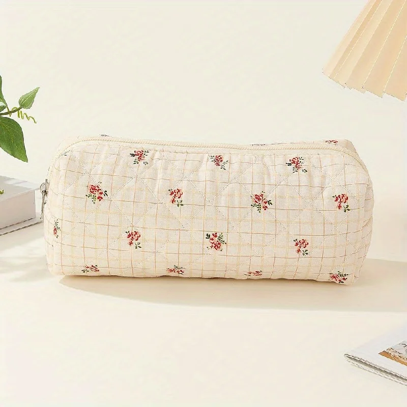 3Pcs Cotton Quilted Makeup Bag Coquette Makeup Bag Large Travel Cosmetic Bag Aesthetic Cute Kawaii Floral Makeup Bag Toiletry Ba 2