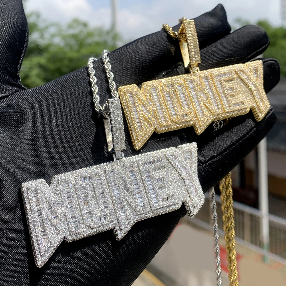 Iced Out Bling 5A CZ Paved Gold Color Letter Money Pendant