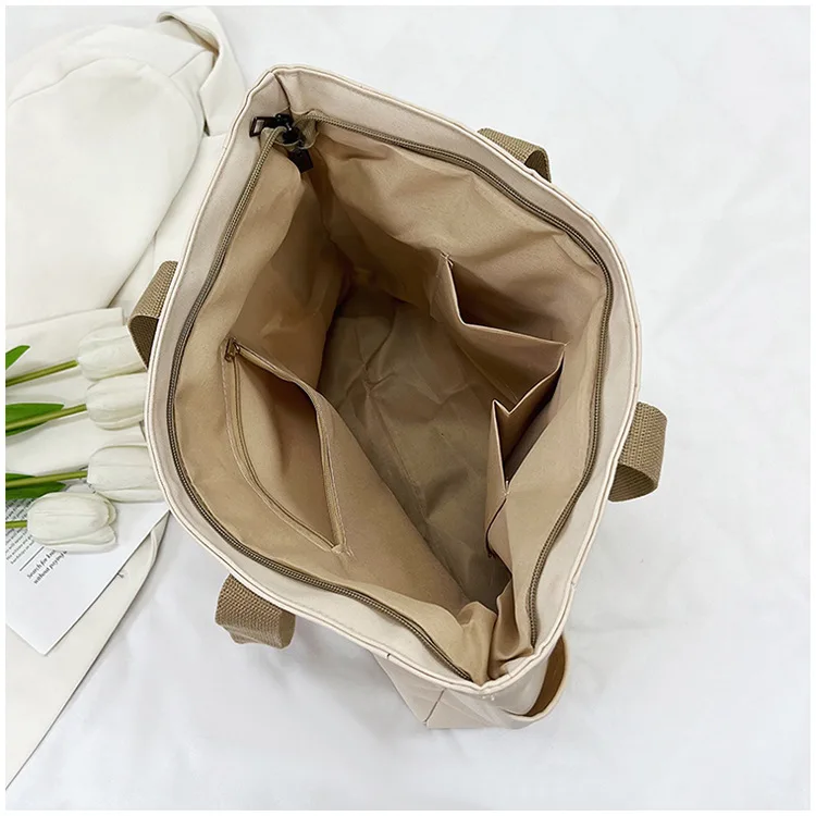 Versatile Oxford Tote Bag Beige/Black/Tan Drawstring Zipper Style Casual Chic Handbag Shoulder Bags for Daily Commutes & Errands