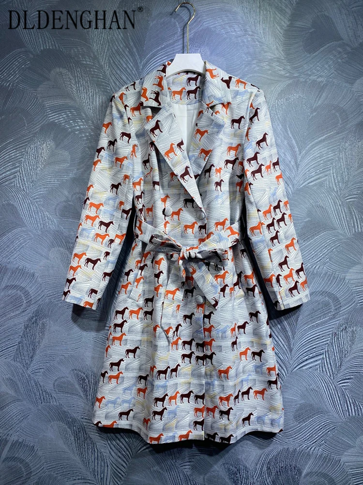 

DLDENGHAN Autumn Coat Women Turn-down Collar Long Sleeve Belt Pockets Vintage Print Double Breasted Outwear Fashion Designer New