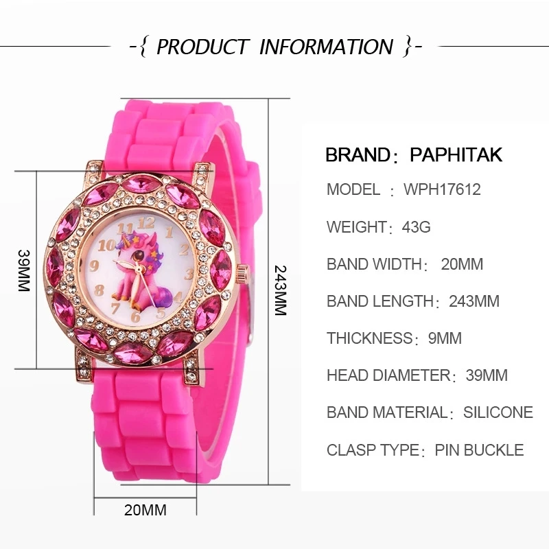 Children's Quartz Watch Korean Fashion For Cartoon Unicorn Pink Silicone Wristwatches 30M waterproof Girl's Kids's Student Gift 5