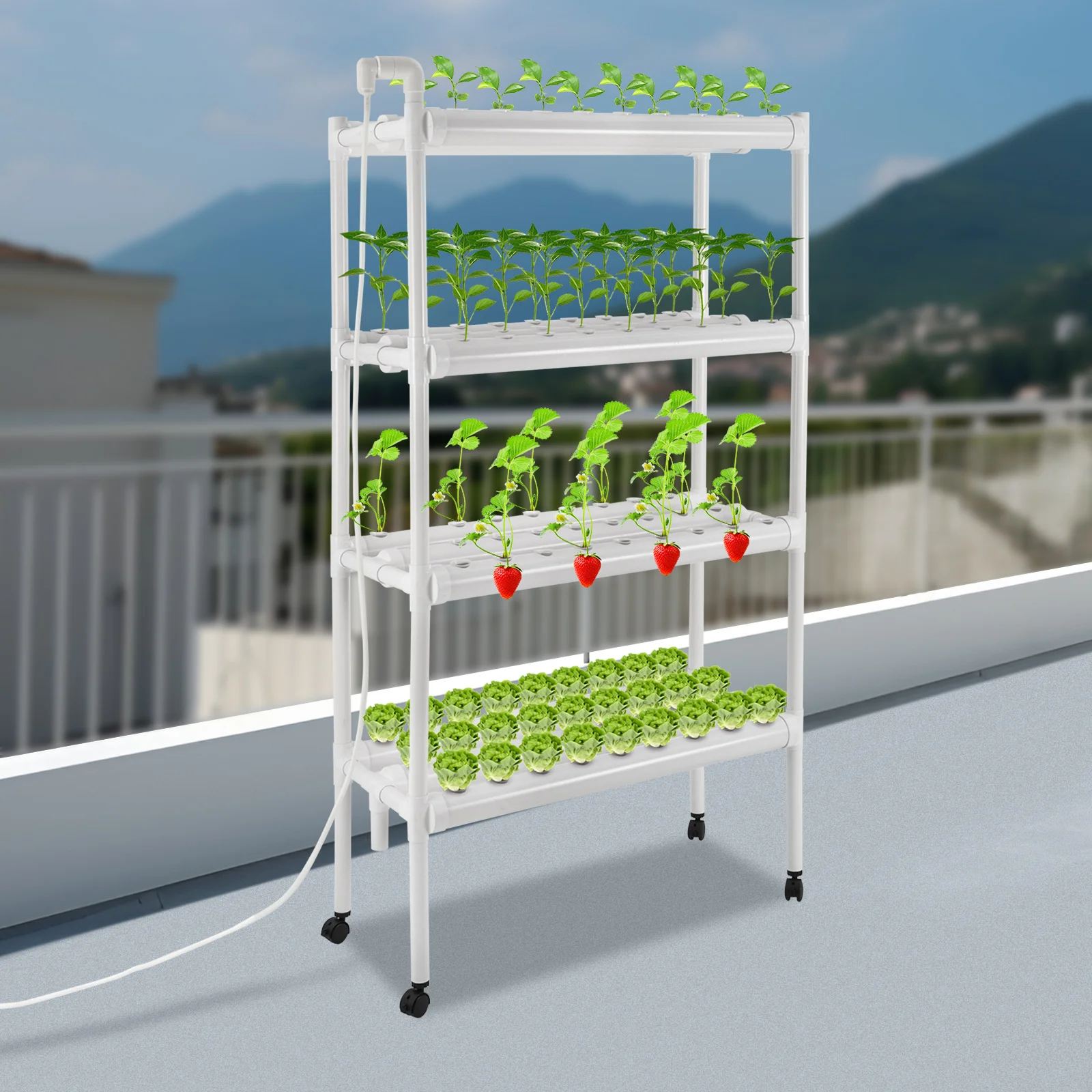 Tragbares Hydroponik-Anzuchtset (108 Pflanzstellen) - Lebensmittelechtes PVC-U-System mit Wasserpumpe/Pumpen-Timer/verriegelbaren Rädern für Blattgemüse – Detail 3