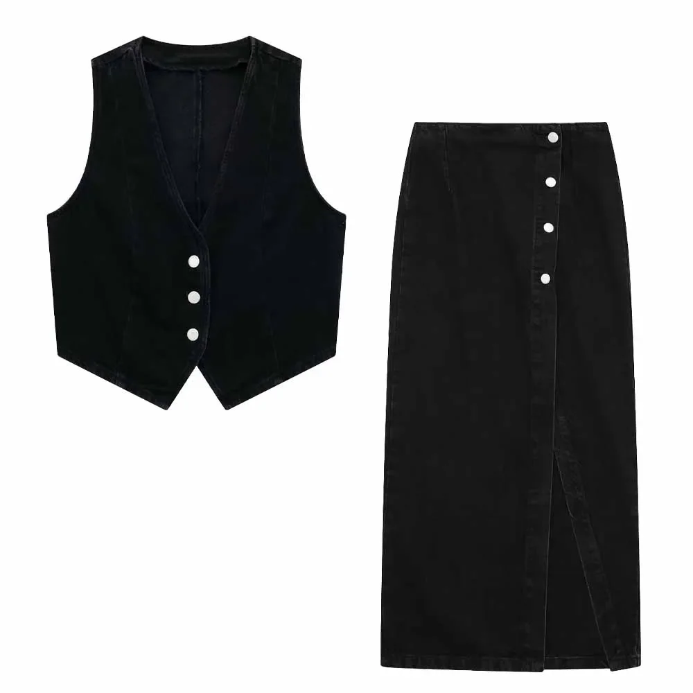 

Women New Chic Fashion Breasted decoration Split Denim Midi Skirt Vintage High Waist Female Skirts Mujer + Vest Women's suit