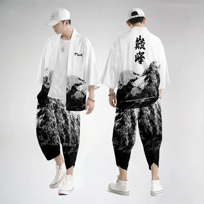 

Japanese Traditional Clothing Peak Print Kimono Pants Men Retro Yukata Asian Fashion Tang Suit Harajuku Hanfu Yukata Jacke