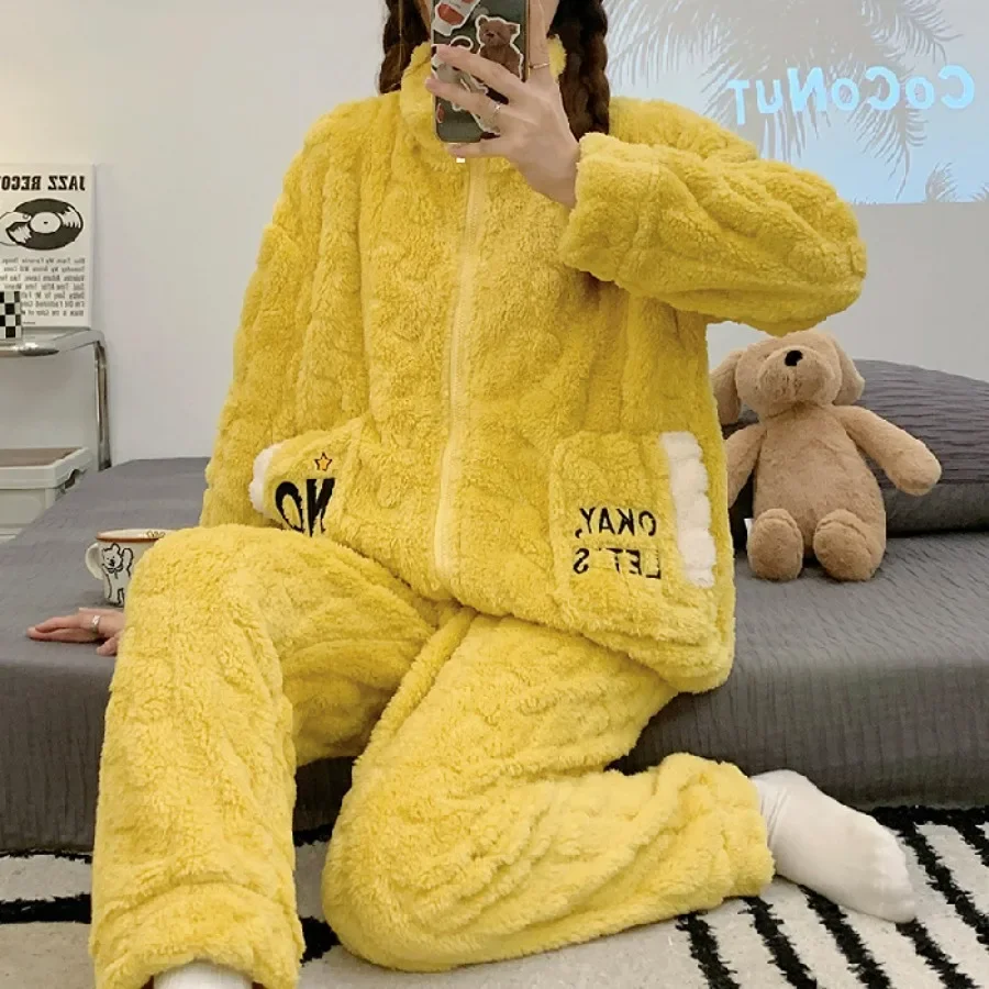 2024 Women's Keep Warm Sleepwear 2PCS Pajama Sets Autumn Winter Nightwear Flannel Pijama Night Suits Homewear Sleepwear Female