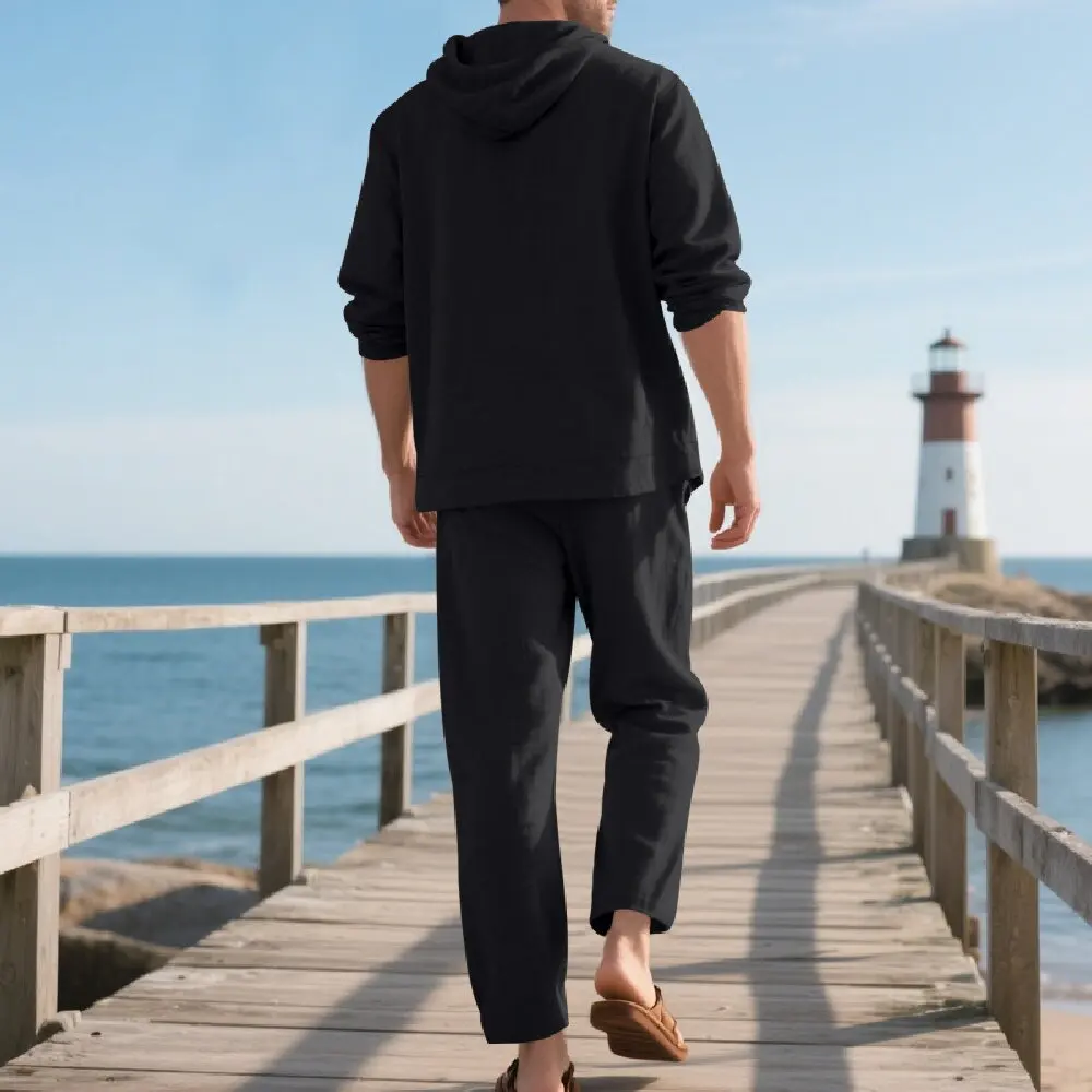 New Spring and Autumn Style Loose Men's Hoodie Set, Linen Material Beach Casual Two-Piece Suit