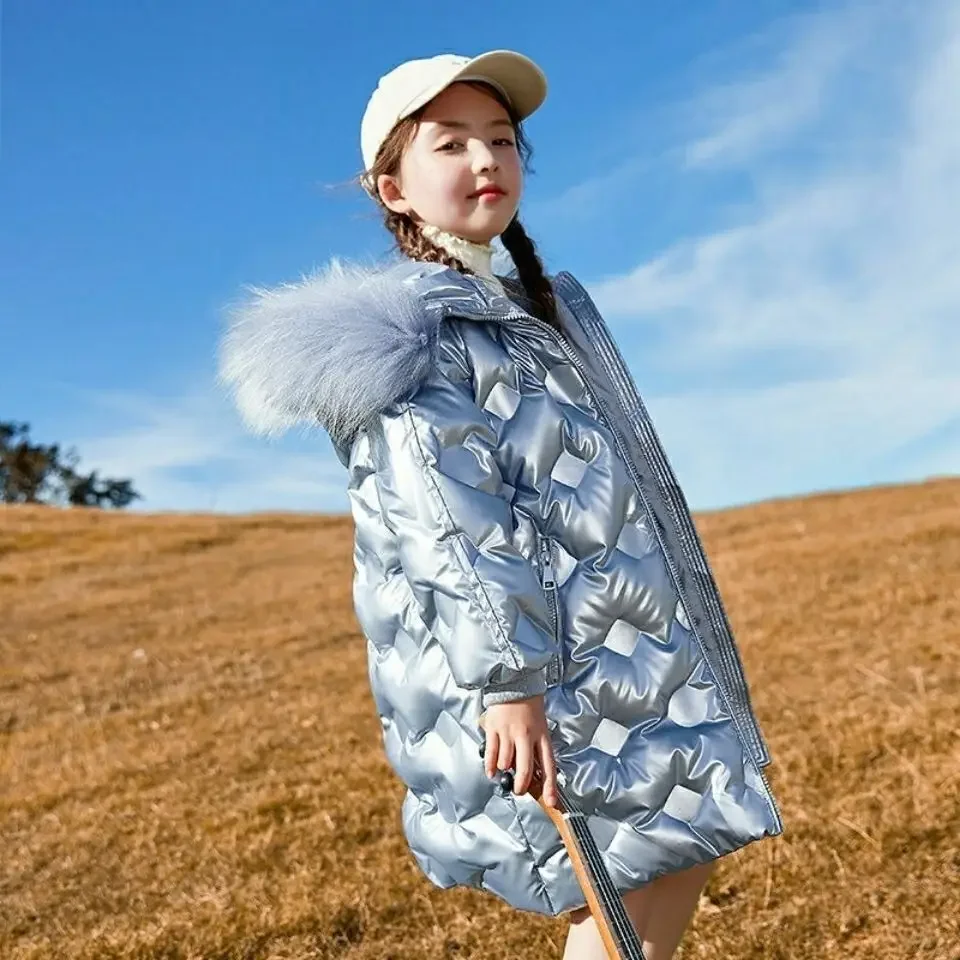 Girls Parka Long Coats Winter Waterproof Fur Collar Hooded Jackets Big Kids Thick Warm Cotton Outerwear Teenage Snowsuit