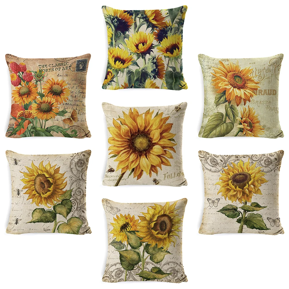 

Retro Sunflower Flowers Luxury Throw Pillow Case Cushion Cover Home Living Room Decorative Pillows For Sofa Bed Car 45*45 Nordic