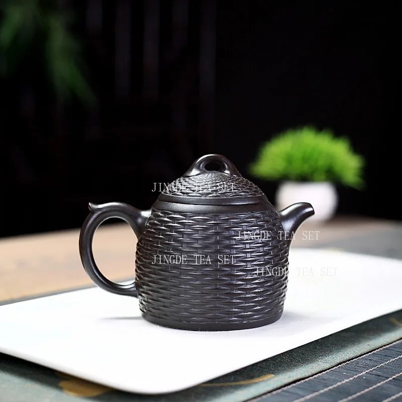 260ml 14 Hole Yixing Black Clay Purple Clay Teapot High End Handmade Bamboo Woven Teapot for Household Use Kung Fu Tea