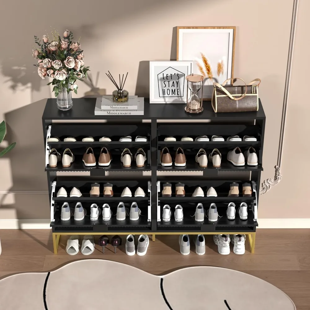 Shoe Cabinet Storage for Entryway, Modern Slim Shoe Organizer, Tipping Shoe Cabinet with 2 Flip Drawers Fluted Panel, 5